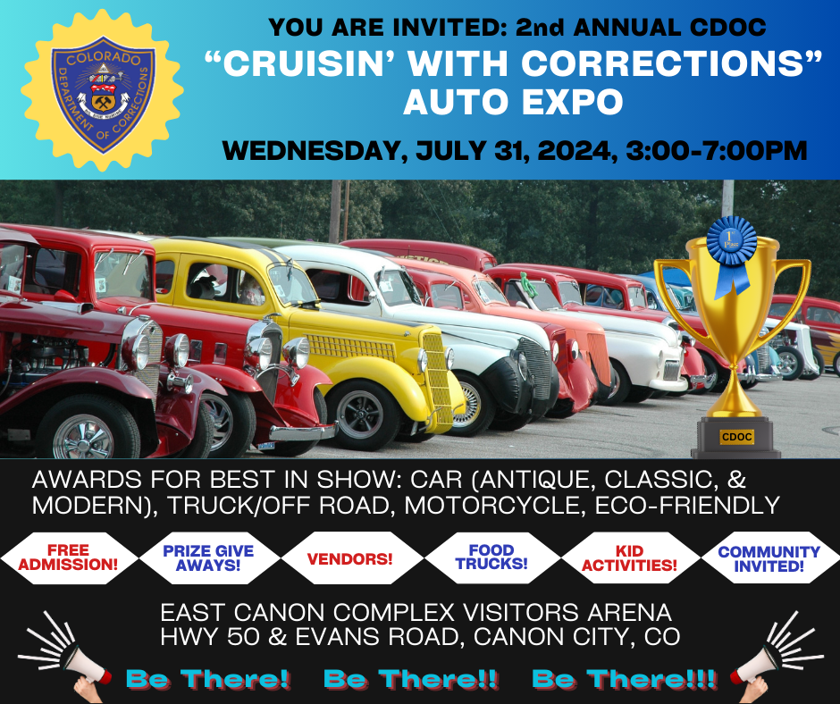Flyer for Auto Expo with classic cars in the background and a shiny gold trophy.