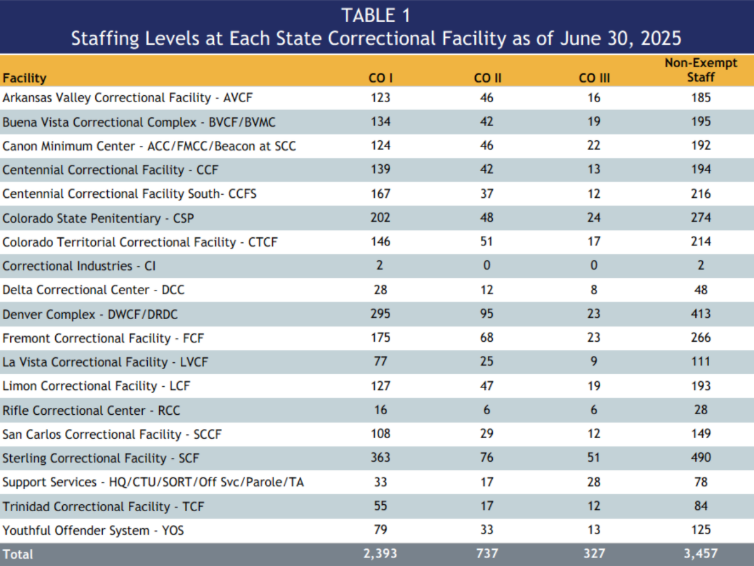 Table outlining staffing levels by correctional facility